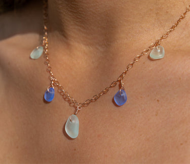 5 Charm Aqua Blue + Purple Blue Sea Glass Necklace